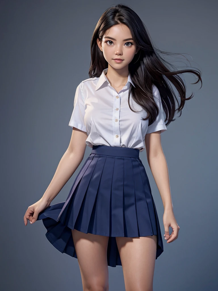 score_9, score_8, score_7, (extremely detailed CG:1.2), (masterpiece:1.2), (best quality:1.2), looking at viewer, full nude body, Adult woman 25 years old, (1girl), long hair blowing in wind, (mathayom uniform), (white shirt short sleeves open front), (navy_blue pleated skirt), Nude, topless, shirt open, breasts exposed. Skirt raised, pussy showing.