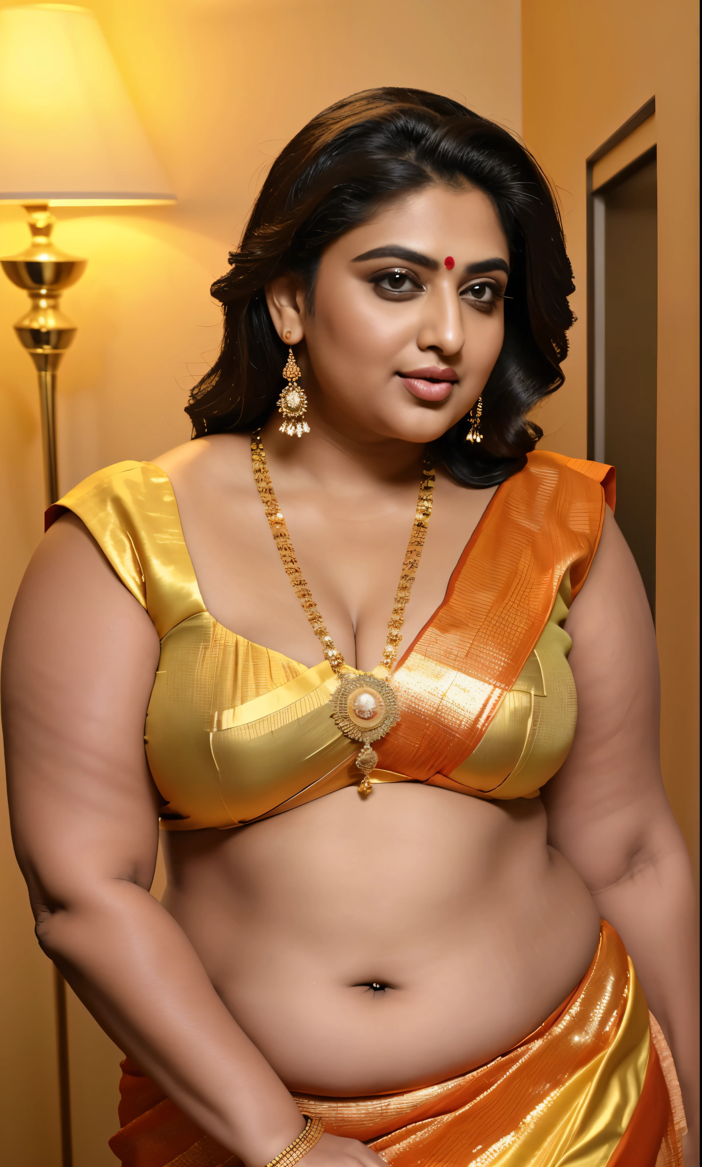 Sexy fat plus size indian bhabhi,  desi hot aunty, looks like Anushka Shetty, wearing sleeveless saree blouse, bold saree fashion, bong saree fashion, bold hot photoshoot, sexy sequin saree, she has fleshy arms and fat wide belly, sexy armpits, showing her attractive fleshy figure, 