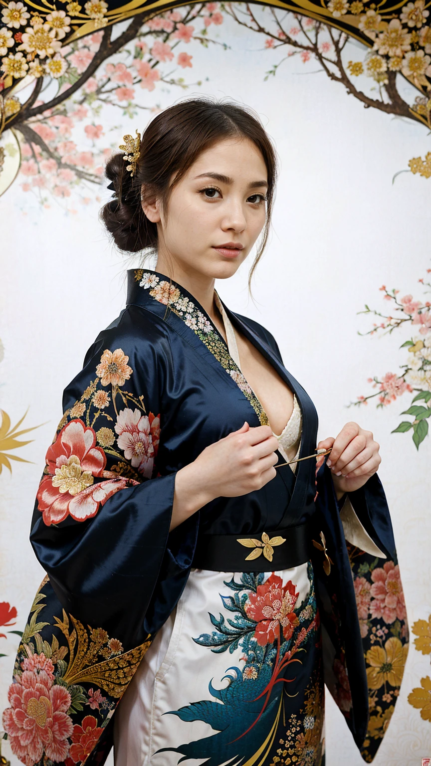 Realistic image, masterpiece: 1.2,
Portrait of a beautiful woman, 250 years old, sitting alone,
In traditional Japanese Kimono, Reveal between breasts subtly hinted,
The room is decorated in Japanese style from the 1980s, (clear composition)
Looking directly at the camera with a serene expression,
Beautiful hips densely accentuated by the flows of her kimono,
Extraordinarily detailed face showcases wrinkles and age,
Clearly beautiful hands resting gently on her lap,
Soft light in the room at studio level,
1080p resolution, low contrast, boke