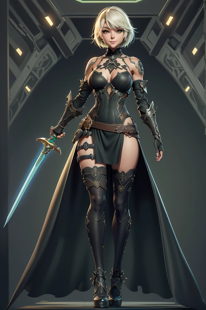 gorgeous  woman, warrioress, with futuristic sword wrapped in dark structure, green leds, Beautiful girl, Waist slender, imponent pose, Grinning,sexly, extreme extravagant necklines,huge slits revealing a lot of the body,slim, fitness, full body being displayed,Nier-Automata,hips showing too much and beautiful curves,(showing hips to the top of the waist),((do not cover the hip)),((different poses)),((open waist on the side))