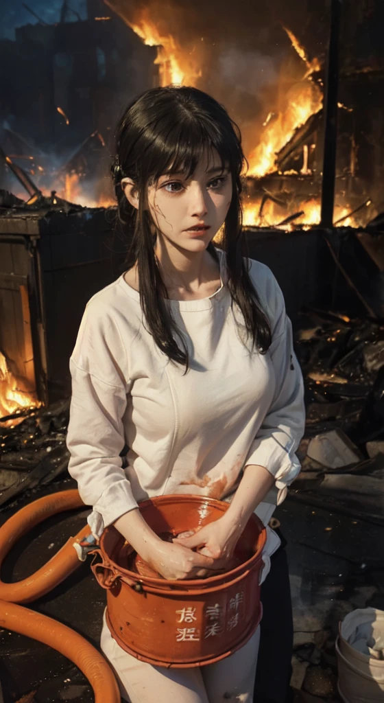 ((A  sitting in the street feeling cold crying, teary hinged eyes, sadness cute face 🥺 )), the background of ((a burnt flat ruined and an ambulance, p((olice people turning to extinguish the fire with water buckets, night, police lights, smoke outside the destroyed house, flames))