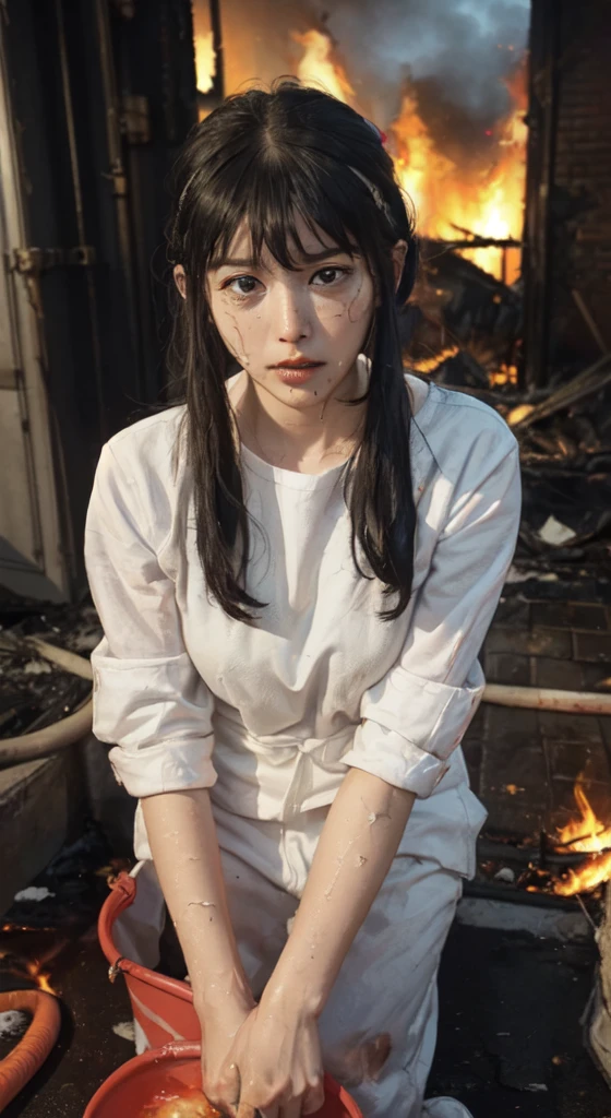 ((A sitting in the street feeling cold crying, teary hinged eyes, sadness cute face 🥺 )), the background of ((a burnt flat ruined and an ambulance, p((olice people turning to extinguish the fire with water buckets, night, police lights, smoke outside the destroyed house, flames))