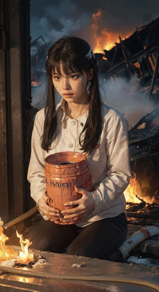 ((A sitting in the street feeling cold crying, teary hinged eyes, sadness cute face 🥺 )), the background of ((a burnt flat ruined and an ambulance, p((olice people turning to extinguish the fire with water buckets, night, police lights, smoke outside the destroyed house, flames))