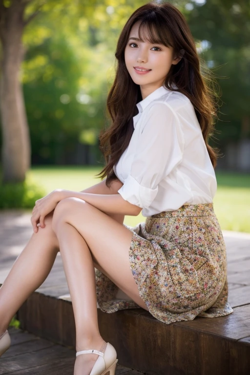 (8K, Highest quality, Ultra-high resolution、masterpiece、Raw photo)、Portrait, Ultra high resolution raw color photos, Professional photos、(Realistic, Real photo),(1 person)、(Delicate face、Detailed face and eyes、High definition eyes、double eyelid、Glossy lips)、Beautiful woman with perfect body、Full body image, Glowing Skin、Dark brown hair、Large Breasts、Sharp long legs、(Happy expression)、(Collared shirt)、(Floral midi skirt:1.3)、(silk pantyhose)、High heels、Sitting pose, High-definition skin texture、Night in the background、Wind、Starry Sky、moon、((Perfect body、Perfect Anatomy、Anatomically correct))