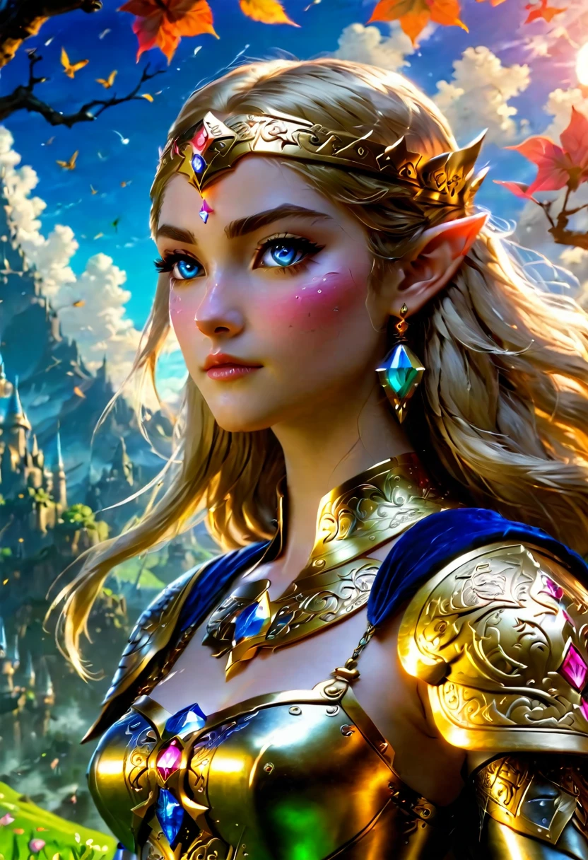 high details, best quality, 16k, [ultra detailed], masterpiece, best quality, (extremely detailed), full body, ultra wide shot, photorealistic, , fantasy art, dnd art, rpg art, realistic art, a wide angle, (((anatomically correct))) a wallpaper of an Princess Zelda, ready for battle with her mount (intense details, Masterpiece, best quality: 1.5),Princess Zelda (intense details, Masterpiece, best quality: 1.5), ultra detailed face, ultra feminine, fair skin, exquisite beauty, gold hair, long hair, wavy hair, small pointed ears, dynamic eyes color, wearing heavy mech armor, shinning metal, armed with elven sword, green meadows, blue skies background and some clouds background depth of field (intricate details, Masterpiece, best quality: 1.5), full body (intricate details, Masterpiece, best quality: 1.5), high details, best quality, highres, ultra wide angle, Mechanical Creatures