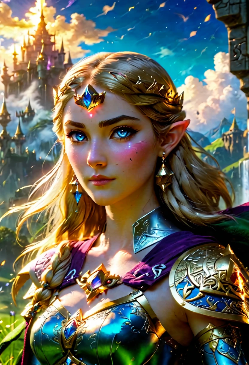 high details, best quality, 16k, [ultra detailed], masterpiece, best quality, (extremely detailed), full body, ultra wide shot, photorealistic, , fantasy art, dnd art, rpg art, realistic art, a wide angle, (((anatomically correct))) a wallpaper of an Princess Zelda, ready for battle with her mount (intense details, Masterpiece, best quality: 1.5),Princess Zelda (intense details, Masterpiece, best quality: 1.5), ultra detailed face, ultra feminine, fair skin, exquisite beauty, gold hair, long hair, wavy hair, small pointed ears, dynamic eyes color, wearing heavy mech armor, shinning metal, armed with elven sword, green meadows, blue skies background and some clouds background depth of field (intricate details, Masterpiece, best quality: 1.5), full body (intricate details, Masterpiece, best quality: 1.5), high details, best quality, highres, ultra wide angle, Mechanical Creatures