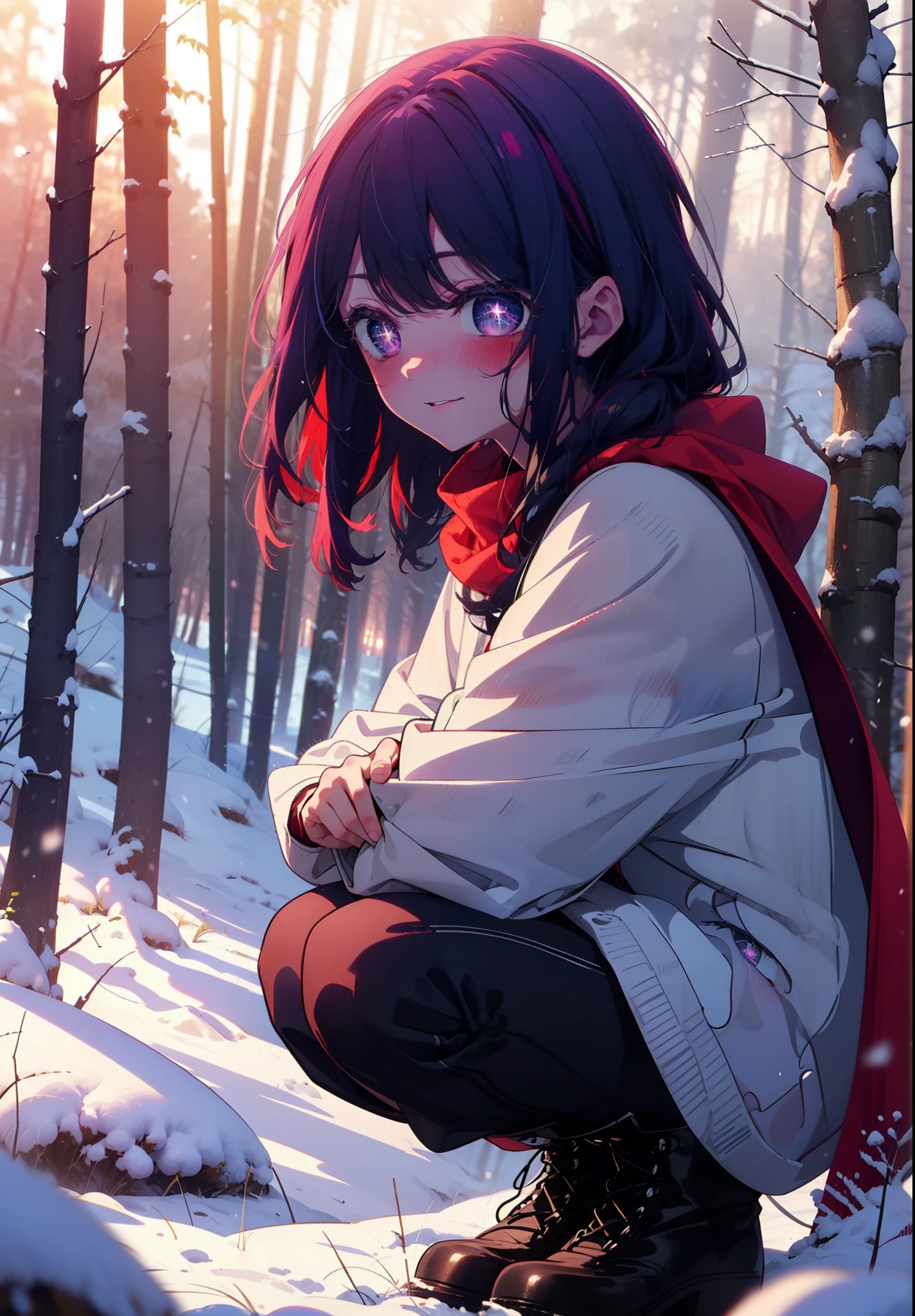 aihoshino, Ai Hoshino, Long Hair, bangs, (Purple eyes:1.1), Purple Hair, (Symbol-shaped pupil:1.5), smile,,smile,blush,White Breath,
Open your mouth,snow,Ground bonfire, Outdoor, boots, snowing, From the side, wood, suitcase, Cape, Blurred, , forest, White handbag, nature, Squat, Mouth closed, Cape, winter, Written boundary depth, Black shoes, red Cape break looking at viewer, Upper Body, whole body, break Outdoor, forest, nature, break (masterpiece:1.2), Highest quality, High resolution, unity 8k wallpaper, (shape:0.8), (Beautiful and beautiful eyes:1.6), Highly detailed face, Perfect lighting, Highly detailed CG, (Perfect hands, Perfect Anatomy),