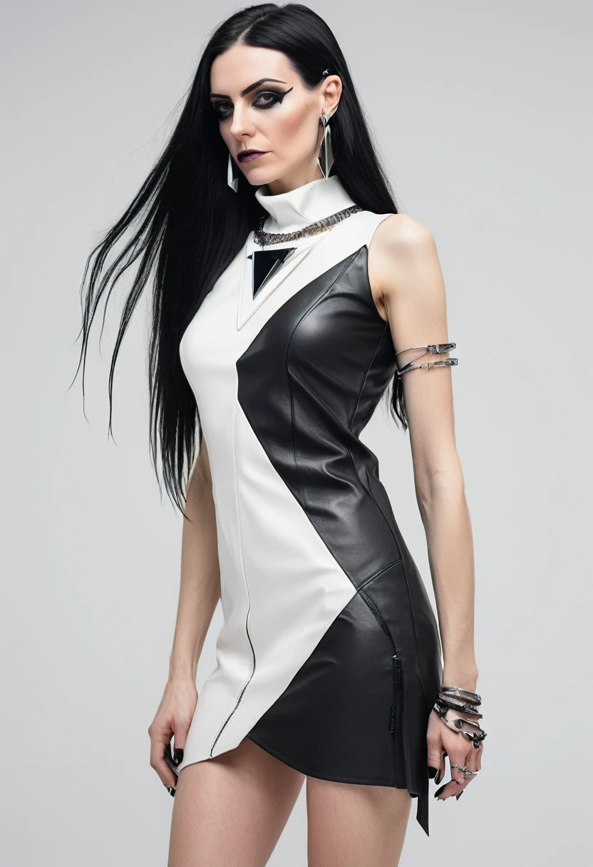 SLIM 40 years old woman, , small ass, black long hair, wearing white cyberpunk MINIDRESS with triangular forms, in a white background, black nails, triangular necklace, triangular earrings, showing vagina