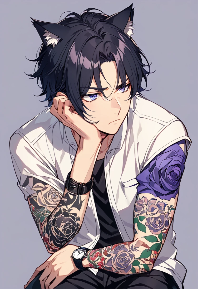 1man, short black hair, cat ears, bright blueviolet eyes, wearing a blueviolet casual jacket, wearing a white undershirt, wearing black pants , wearing a vintage blueviolet watch, thinking pose, arm tattoos, tattos all over the arm, rose tattoos, rolled-up jacket sleeves, normal face expression