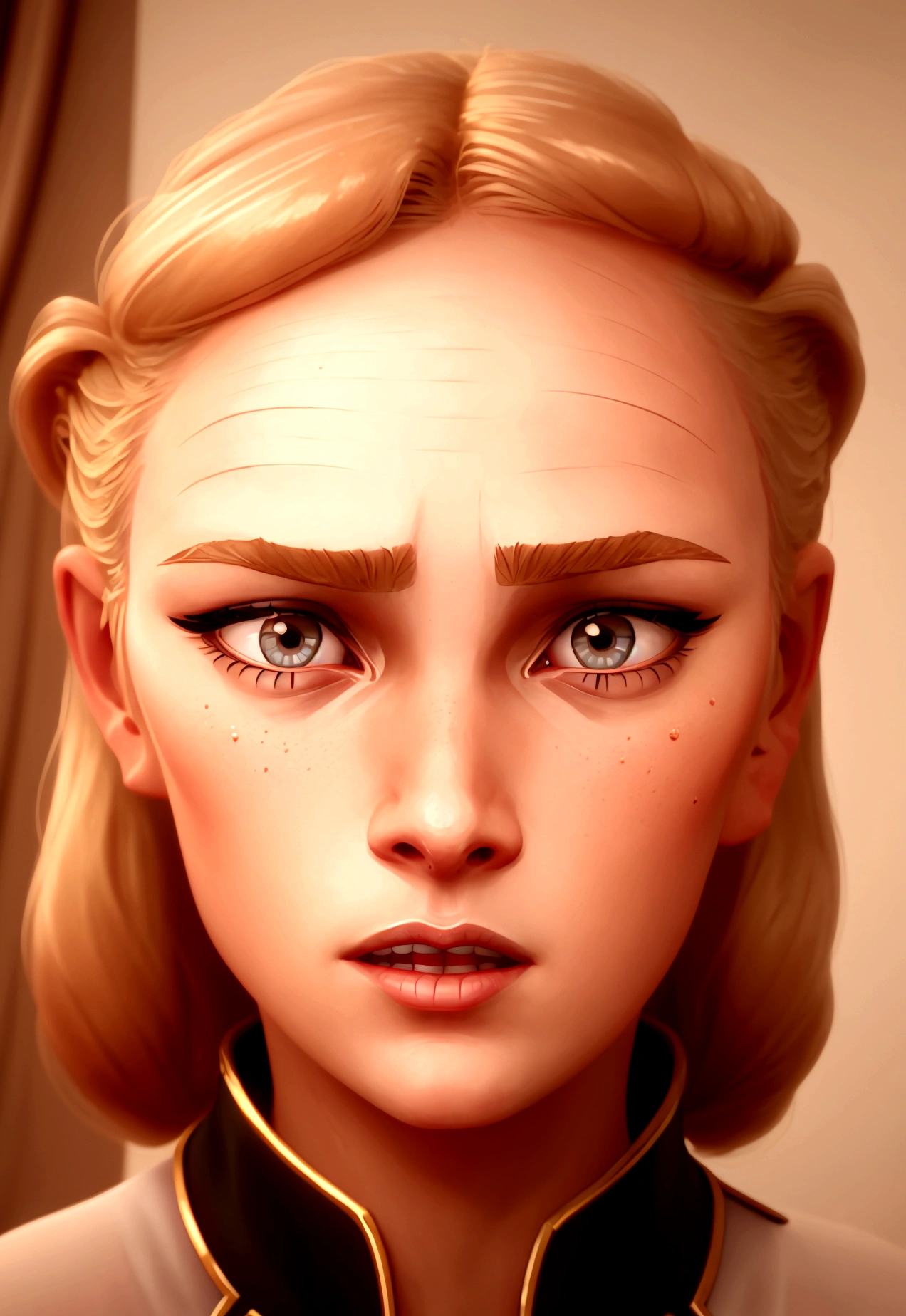 A close-up portrait of Anna Taylor, a beautiful blonde woman with an expression of surprise. The focus is on her wide, expressive eyes that convey a sense of wonder and astonishment. Her delicate facial features, including her flawless skin, full lips, and arched eyebrows, are rendered in exquisite detail, further emphasizing the intensity and emotion of her surprised expression.