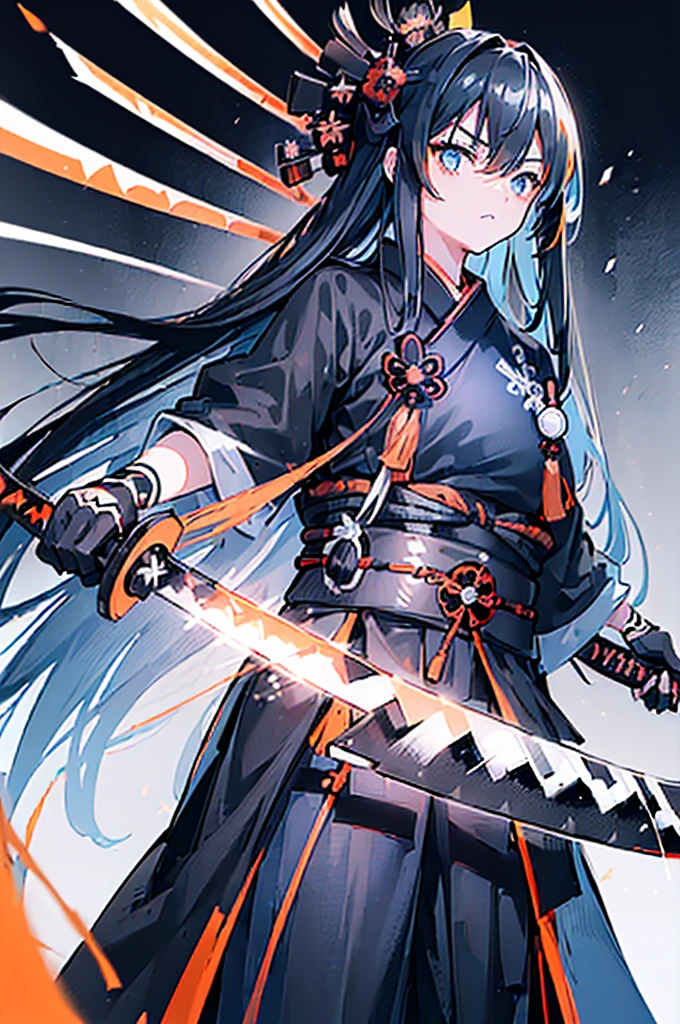 ((((Black katana)))) (((Light blue long hair Light orange eyes and black samurai uniform White band Victory))) ((Black notes night Japanese style Mature))