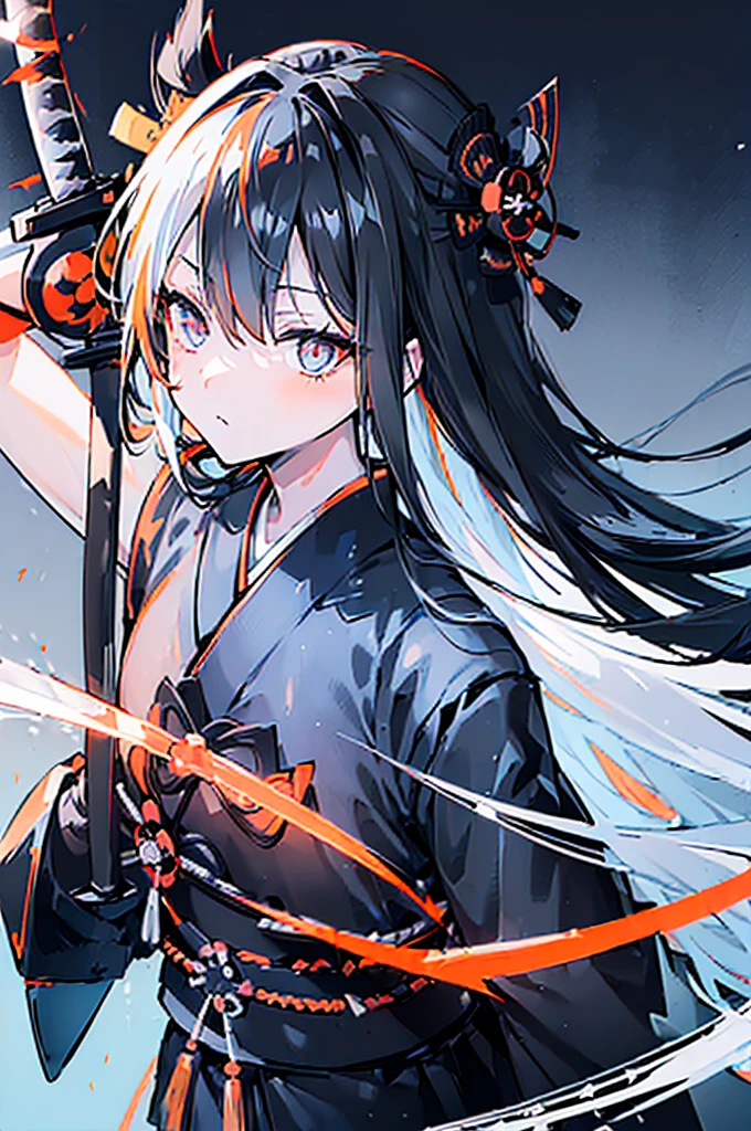 ((((Black katana))))　(((Light blue long hair　Light orange eyes and black samurai uniform　White band　Victory)))　((Black notes　night　Japanese style　Mature))