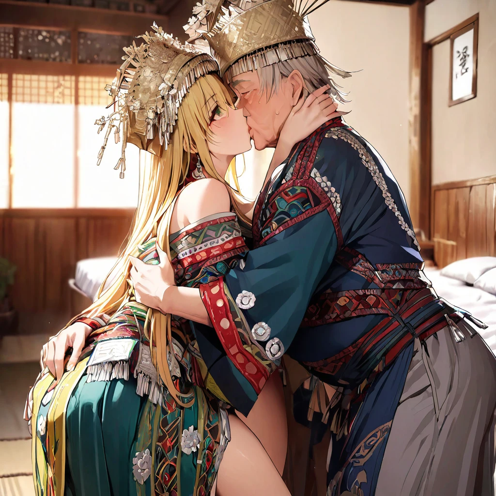 ((Highest quality)), ((masterpiece)), (detailed), (Perfect Face)、The woman is a Tier, with green eyes, medium blonde hair, ethnic medicine and a gorgeous hat.、In the bedroom, the woman is embracing an old man dressed in ethnic clothing, kissing him deeply as a couple and having sex.、The whole body is in the frame