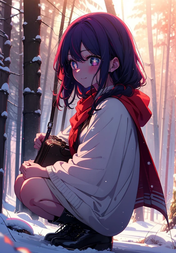 aihoshino, Ai Hoshino, Long Hair, bangs, (Purple eyes:1.1), Purple Hair, (Symbol-shaped pupil:1.5), smile,,smile,blush,White Breath,
Open your mouth,snow,Ground bonfire, Outdoor, boots, snowing, From the side, wood, suitcase, Cape, Blurred, , forest, White handbag, nature, Squat, Mouth closed, Cape, winter, Written boundary depth, Black shoes, red Cape break looking at viewer, Upper Body, whole body, break Outdoor, forest, nature, break (masterpiece:1.2), Highest quality, High resolution, unity 8k wallpaper, (shape:0.8), (Beautiful and beautiful eyes:1.6), Highly detailed face, Perfect lighting, Highly detailed CG, (Perfect hands, Perfect Anatomy),
