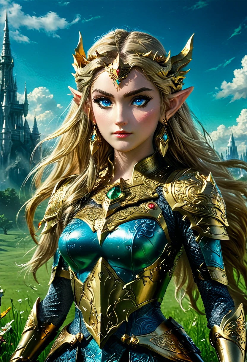 high details, best quality, 16k, [ultra detailed], masterpiece, best quality, (extremely detailed), full body, ultra wide shot, photorealistic, , fantasy art, dnd art, rpg art, realistic art, a wide angle, (((anatomically correct))) a wallpaper of an Princess Zelda, ready for battle with her mount (intense details, Masterpiece, best quality: 1.5),Princess Zelda (intense details, Masterpiece, best quality: 1.5), ultra detailed face, ultra feminine, fair skin, exquisite beauty, gold hair, long hair, wavy hair, small pointed ears, dynamic eyes color, wearing heavy mech armor, shinning metal, armed with elven sword, green meadows, blue skies background and some clouds background depth of field (intricate details, Masterpiece, best quality: 1.5), full body (intricate details, Masterpiece, best quality: 1.5), high details, best quality, highres, ultra wide angle, Mechanical Creatures