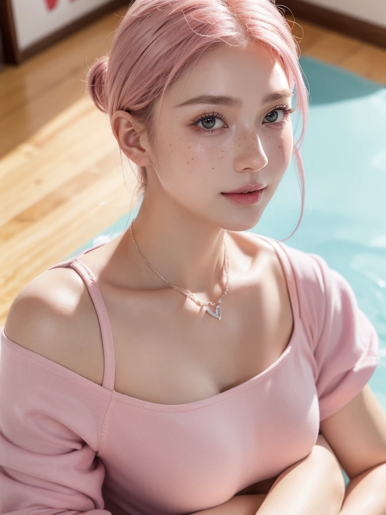 Background ( huge poster on the floor) , standings in middle of the poster looking up , top view , drone photography,wearing ( yellow tshirt and blue pants), looking innocent, smiling, cute girl short pink hair,all her hair short pink , with a star clip in her pink hair, light colored eyes, pretty eyes, happy eyes, pretty, upturned nose, watery nose, Pretty lips, pink lips, heart and cupid shaped lip, pretty skin, pale, White skin, with moles and freckles all over his face, soft pink blush on the cheeks, natural pink blush, soft pink makeup, Jennie, nice neck, frown, tender look, with a kiss necklace, while having a bare abdomen, Delgado, marked and pretty, (big breasts, soft breasts, nice breasts), photorealism, 8k , photorealistic , show clearly,