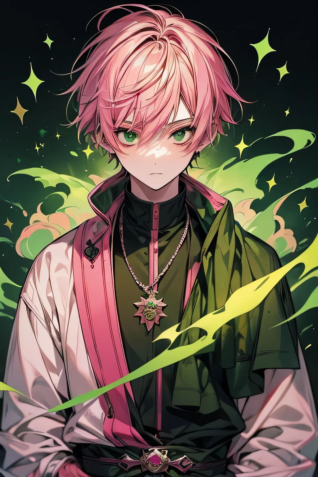 (masutepiece), (Best Quality), 20 years old, cute boy, standart detailed, with no hand, hide the hand, 1 boy, small sharp eye, Solo Focus, half body look, magic, magic circle green, green Sparkle, green smoke, a traveler, medieval simple cloth, Perfect face, Beautiful face, extra detailed face,(pink hair:1.3),(green eye:1.3), cool boy, handsome