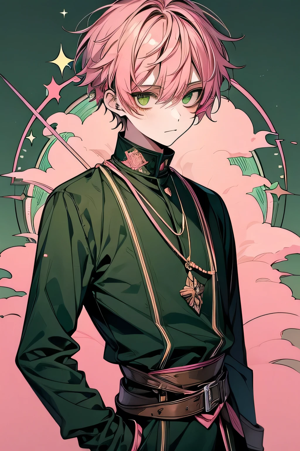 (masutepiece), (Best Quality), 20 years old, cute boy, standart detailed, with no hand, hide the hand, 1 boy, small sharp eye, Solo Focus, half body look, magic, magic circle green, green Sparkle, green smoke, a traveler, medieval simple cloth, Perfect face, Beautiful face, extra detailed face,(pink hair:1.3),(green eye:1.3), cool boy, handsome