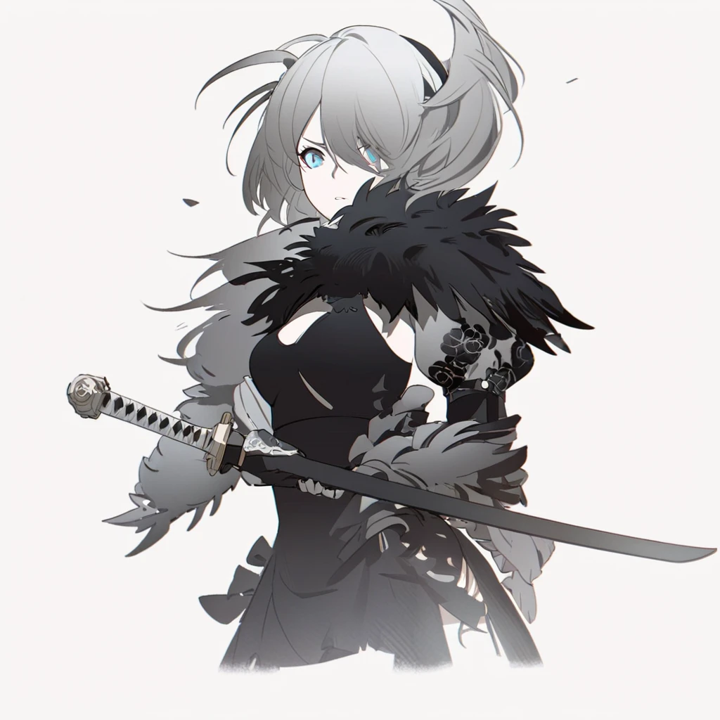 Close-up of a woman in a black and white outfit holding a sword, concept art, inspired by Krenz Kuschart, winner of the pixiv competition, What's it?, Nier autoamata, 2b Nier automata, Nier : inspired by machine guns, Nier:inspired by machine guns, Nier 2 b, Nier, Nier automata concept artsyle, pale black armor
