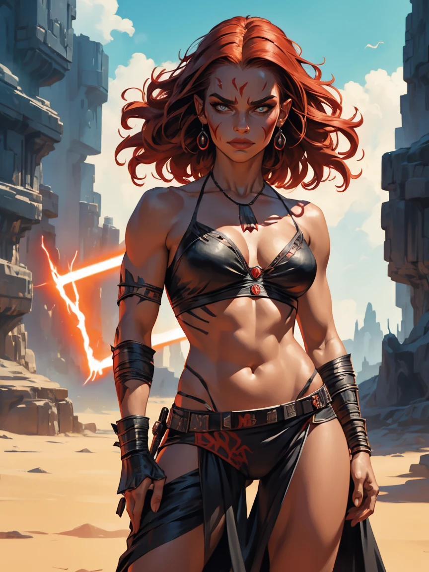 a naked female Darth Maul sith based on Emilia Clarke, Star Wars, highly detailed cinematic fantasy illustration, black outlining, full color illustration, in the style of BORIS VALLEJO & JULIE BELL, masterpiece, 8k, ultra-detailed, physically-based rendering, vivid colors, dramatic lighting, intricate background, photorealistic