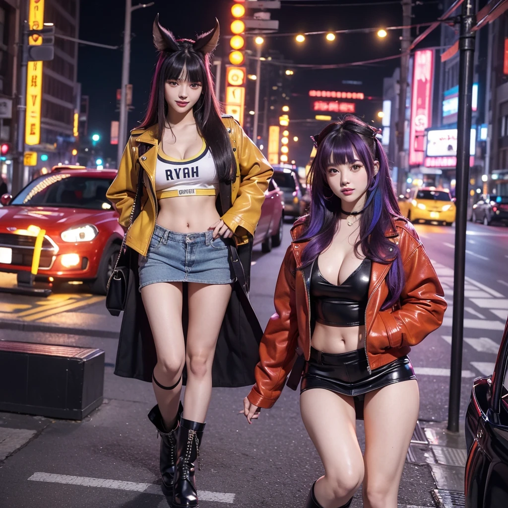 best quality，In 4K，beautiful girl，gravure idol，model，red，purple，Green outfit smile，highest quality，big breasts，hyper real stick、Long trousers，She has her bangs down，beautiful girl，Maid clotheasterpiece，perfect face，perfect breasts，long hair，Outstanding style，stimulating，Cute outfits，Horny girl，double eyelid，Naughty Girls，Erotic and cute，mini skirt，ribbon on uniform，colorful hair color，yellow eyes，leather jacket，horny girl，Knee-high boots，
Colorful，Multicolor，future fashion
