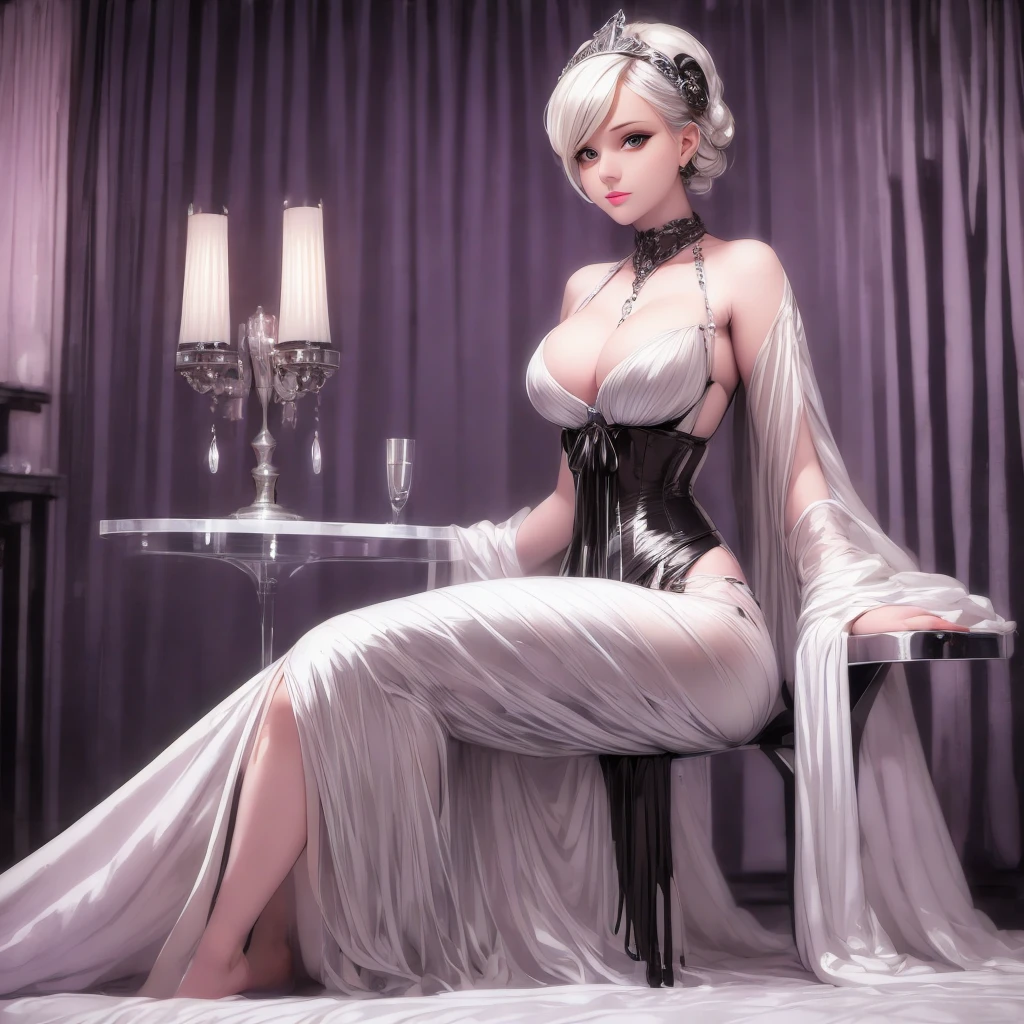 a black and white photo of a woman sitting on a chair, an art deco sculpture by George Hurrell, flickr, art nouveau, in a silver silk robe, 2030s, old hollywood, 1 9 2 0 s film actress, ethereal art deco, 1 9 3 0 s, 1930s, vintage noir, draped in transparent cloth