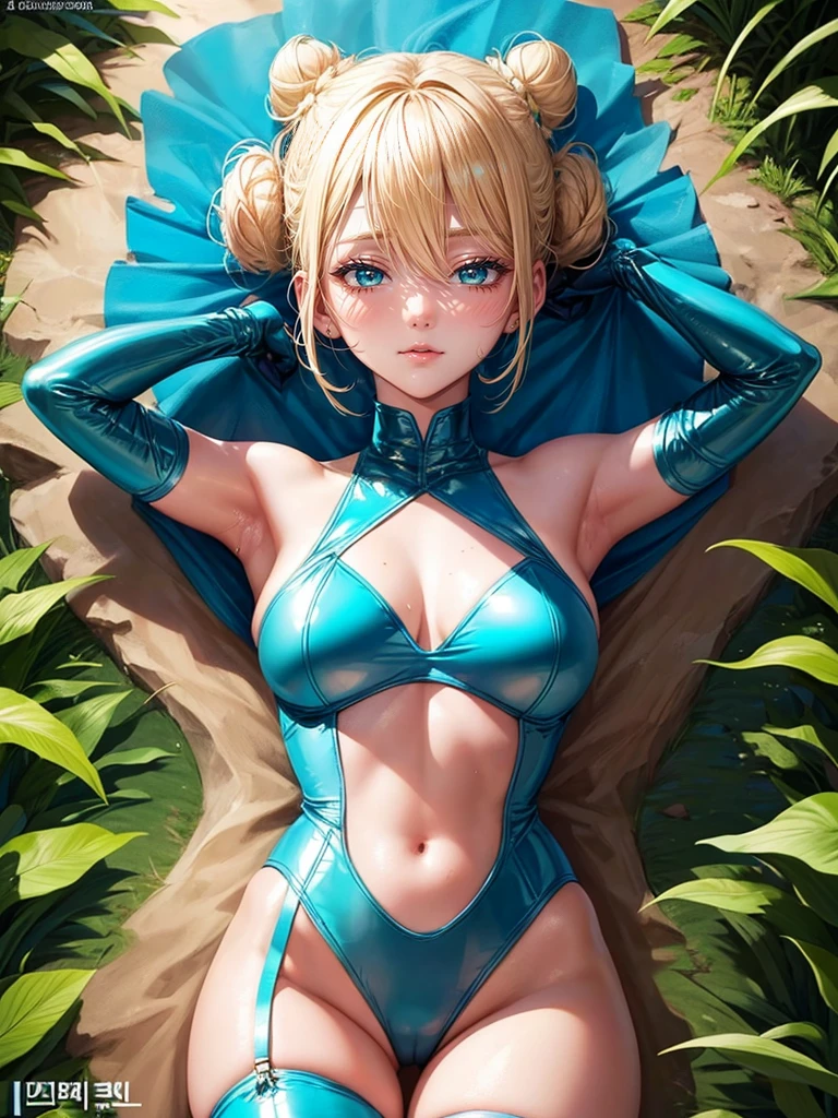 Korean Idol Blonde Bun Campaign Girl Turquoise blue leotard in ultra-shiny patent leather with sponsor logo High Leg garter belt Super shiny stockings Ultra-shiny patent leather evening gloves in the forest Underarm Drawing from below Sweat ((Place your hands behind your head)) lie
