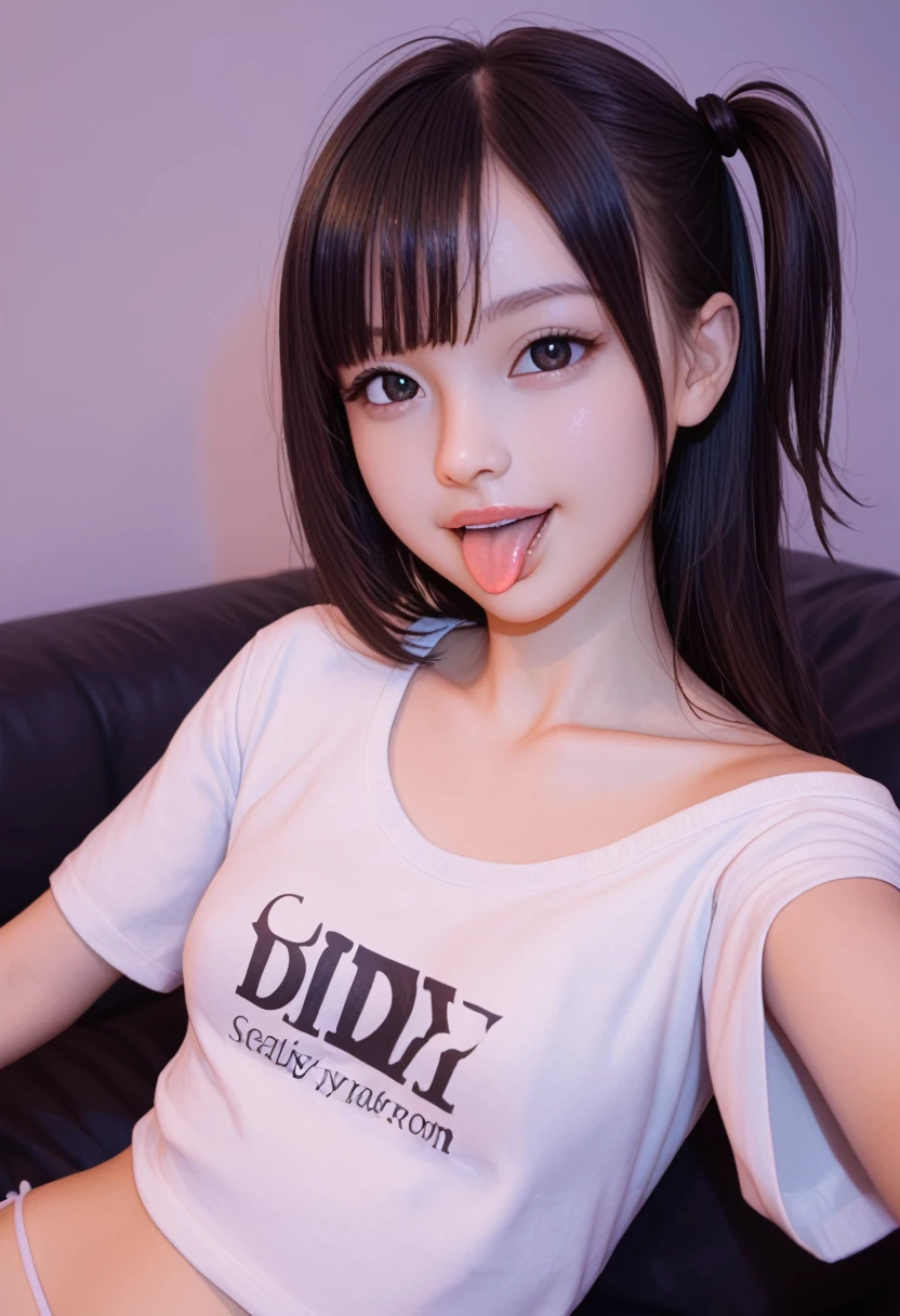 pastel colors t-shirt,off-shoulder look,bare shoulder,ollarbone,midriff peek,string panties,(open mouth:1.5),(tongue out:2),lying,Selfie,front view,upper body,(1girl,Beautiful 14 year old girl),((Slender,Small breasts,Small face,)),(looking at viewer),Black Hair,bangs,one side up,Beautiful and detailed,(Dimly lit room:1.5),Simple Background,White bed,pillow,Mischievous smile
