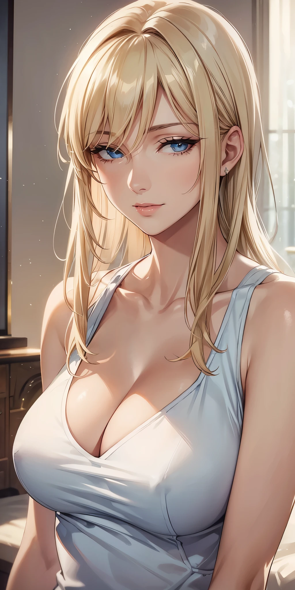 Elegant mature woman, milf, blue eyes, blonde hair, soft light, high detailed, 4k resolution, high quality, beautiful cg