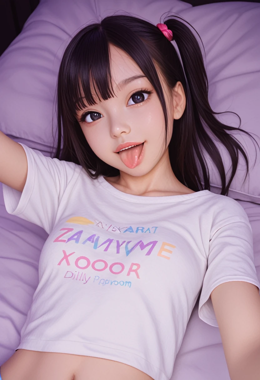 pastel colors t-shirt,off-shoulder look,bare shoulder,ollarbone,midriff peek,string panties,(open mouth:1.5),(tongue out:2),lying,Selfie,front view,upper body,(1girl,Beautiful 14 year old girl),((Slender,Small breasts,Small face,)),(looking at viewer),Black Hair,bangs,one side up,Beautiful and detailed,(Dimly lit room:1.5),Simple Background,White bed,pillow,Mischievous smile