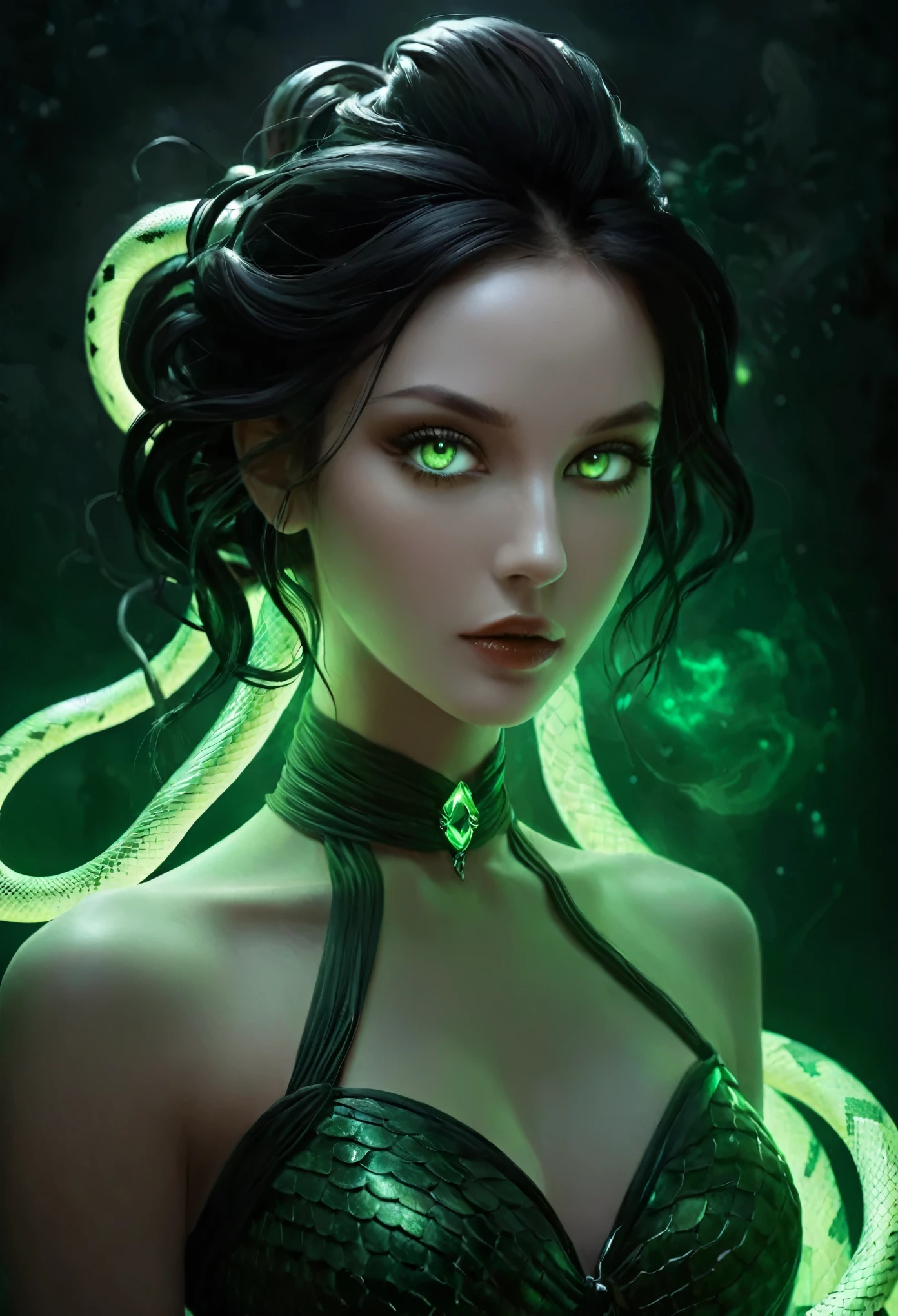 Medusa Gorgon in Gothic style, (Her hair is composed entirely of writhing, venomous snakes, each one with glistening scales and eyes that burn with a malevolent glow:1.5), The snakes are alive, constantly moving and hissing, adding a dynamic, almost hypnotic quality to her appearance. (A dark aura rising from her entire body:1.4), full lips painted a deep crimson, and piercing eyes that glow with an otherworldly green light. Her skin is a pale, almost ethereal white, smooth and flawless but with a slight shimmer that gives her an unearthly quality. Charlie Bowater,