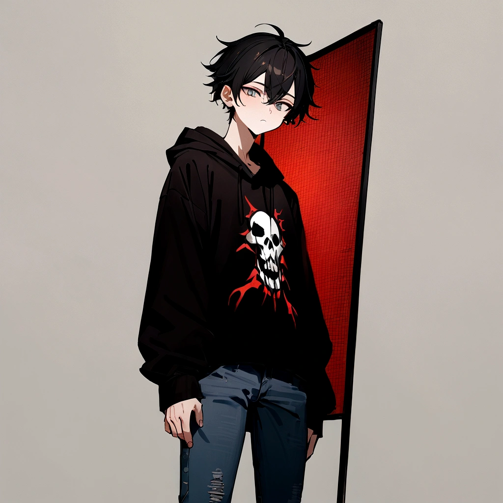 8k, best quality, masterpiece, highly detailed, male, 18 years old, comma hair model, black hair, black hoodie with death metal screen printing, jeans, sneakers, gray background