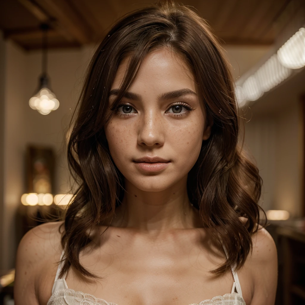 Create a very realistic and beautiful model with the following detailed features: Gender: Female, Age: Young adult (approximately 20-25 years old), Hair: Long, wavy and reddish with a natural shine, gently cascading around the shoulders and back back. . . . . . . . , Eyes: Bright green with a captivating, slightly almond-shaped look, detailed with natural highlights, Skin: Fair complexion with a light texture, including natural freckles on the nose and cheeks, giving a youthful and vibrant appearance: Fair complexion with a light texture, including natural freckles on the nose and cheeks, giving a youthful and lively appearance, Face: with a smooth and natural contour, soft, full lips with a slight pinkish tint and a slightly delicate upturned nose, Expression : a naughty face, with a touch of mischief, which conveys warmth and approachability, Clothing: bright black lace corset, sexy and detailed, naughty and delicate, Context: in a completely (dark: 1.1) open room with lighting ( only: 1.1) (soft (volumetric: 1.1) (chiaroscuro: 1.2) of a large softbox directly above and in front of it: 1) (volumetric: 1.1) (light: 1.1) minimalist and slightly blurred for keep the focus on the model, such as a comfortable, well-lit room, neutral-toned room, Pose: a relaxed, confident posture, arms slightly at the sides of the body or face facing the camera. open legs, pussy, extremely hyper aesthetic, Unsplash, Neoclassicism, Complex background, Best quality, hyper detailed, Gratty Sita, 64K, Light design