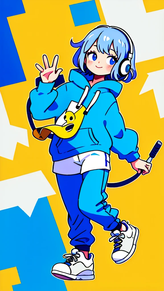 Mash Hair　Short Hair　Blue hair　Wearing a blue hoodie　　I'm wearing headphones　1 male　smile　Yellow irises　Narrow eyes　cheeks are white　The whole body is shown　Looking into the distance　Waving one hand up　The whole body is on camera