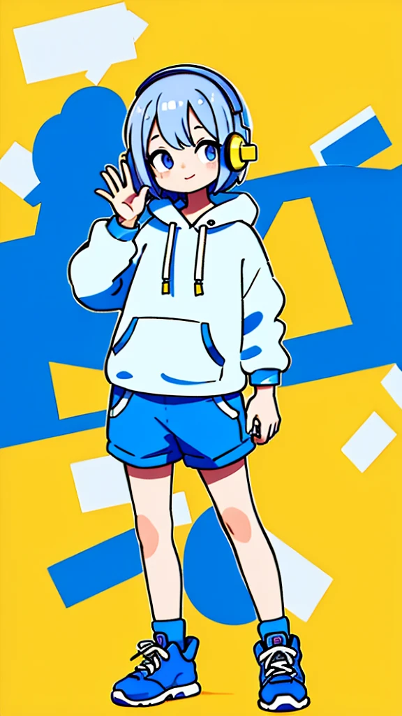 Mash Hair Short Hair Blue hair Wearing a blue hoodie I'm wearing headphones 1 male smile Yellow irises Narrow eyes cheeks are white The whole body is shown Looking into the distance Waving one hand up The whole body is on camera