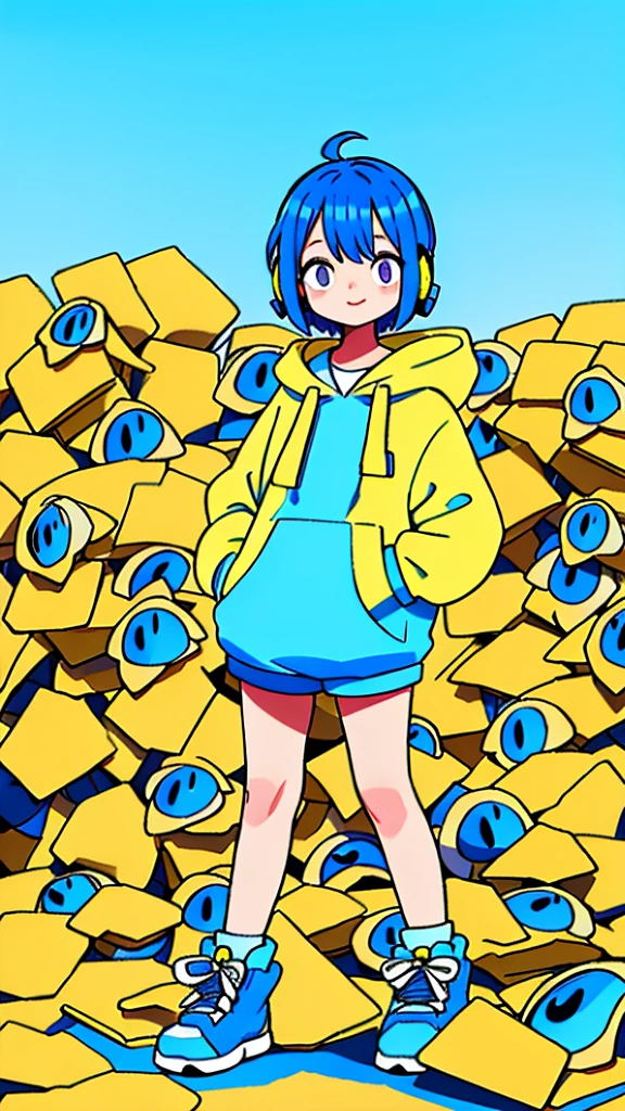 Mash Hair Short Hair Blue hair Wearing a blue hoodie I'm wearing headphones 1 male smile Yellow irises Narrow eyes cheeks are white The whole body is shown Looking into the distance Waving one hand up The whole body is on camera