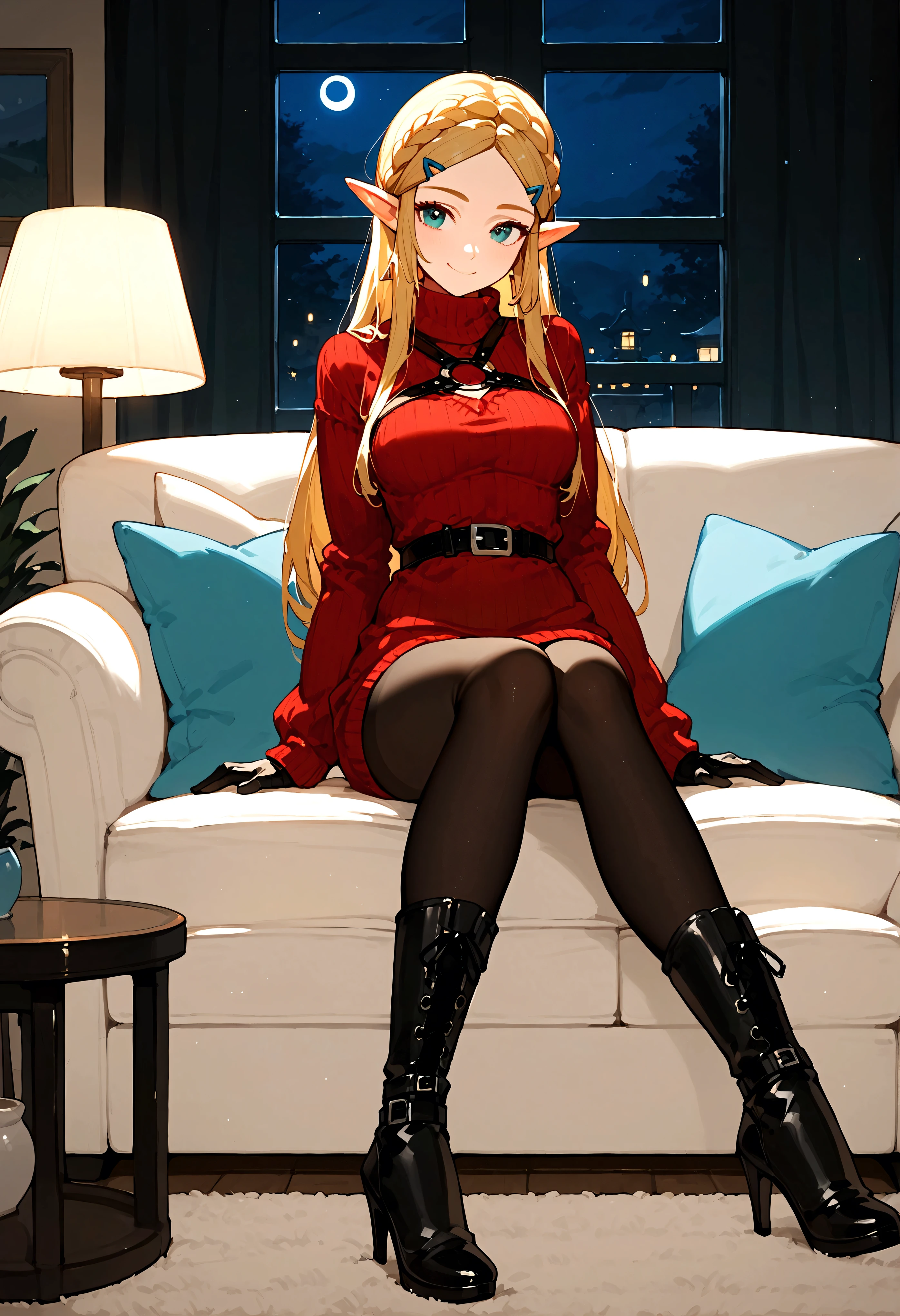 (score_9,score_8_up,score_7_up),1girl,solo, princess zelda ,the legend of zelda, turtleneck sweater, red sweater,sweater dress,harness, ribbed sweater, black gloves, black pantyhose, high heels boots ,living room, night, smile, sitting on sofa, 