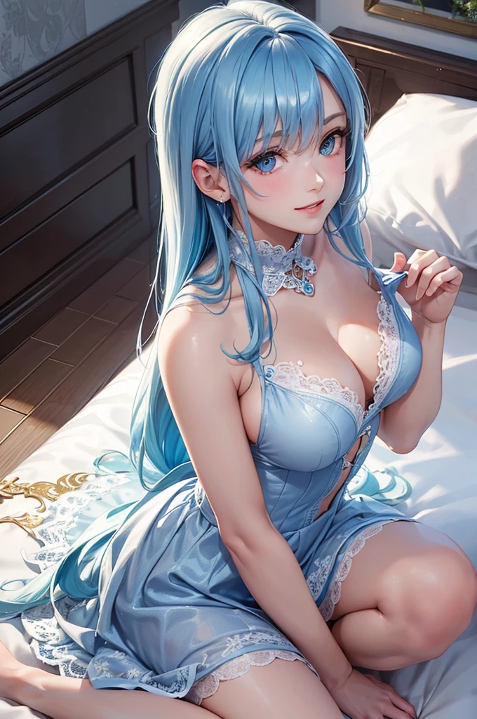 Best Quality,High resolution,8K,finelity detailed background,Masterpiece:1.2),beautiful girl,Shiny light blue hair,asymmetrical hair,Light blue eyes,Gentle look,A refreshing look,Smile shyly,Best quality,Best Quality,Aesthetic and aesthetic:1.2,Best details((Super detailed))(High-definition CG illustrations),Purple underwear (gray,intricate lace),Slender body,night,moon,Bedroom,On the bed,smile,blush,cute,Scrounge,Looking up,Being spoiled,super model,wariza,shoot from above