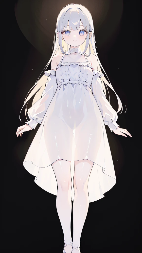 masterpiece, 8K, Detailed face, best quality, Must be created as described,  (1 girl, alone, 20 years old, 158cm), (Black hair, long hair, Straight Hair, Bangs), (innocent, Big blue eyes like diamonds), (fair skin, thin waist, long legs), (Dress simply,Fitted pure white dress, spaghetti straps, Flat style), (The dress is very short, Thin and translucent, Dress has no sleeves, 只有spaghetti straps), (Wearing white socks), (Show your thighs, Show your arms), (The expression looks shy, but with a smile), (light black background, Full body portrait, Stand Up Straight, symmetry)