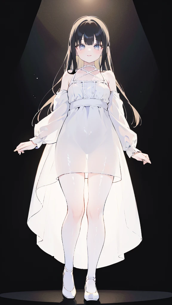 masterpiece, 8K, Detailed face, best quality, Must be created as described, (1 girl, alone, 20 years old, 158cm), (Black hair, long hair, Straight Hair, Bangs), (innocent, Big blue eyes like diamonds), (fair skin, thin waist, long legs), (Dress simply,Fitted pure white dress, spaghetti straps, Flat style), (The dress is very short, Thin and translucent, Dress has no sleeves, 只有spaghetti straps), (Wearing white socks), (Show your thighs, Show your arms), (The expression looks shy, but with a smile), (light black background, Full body portrait, Stand Up Straight, symmetry)