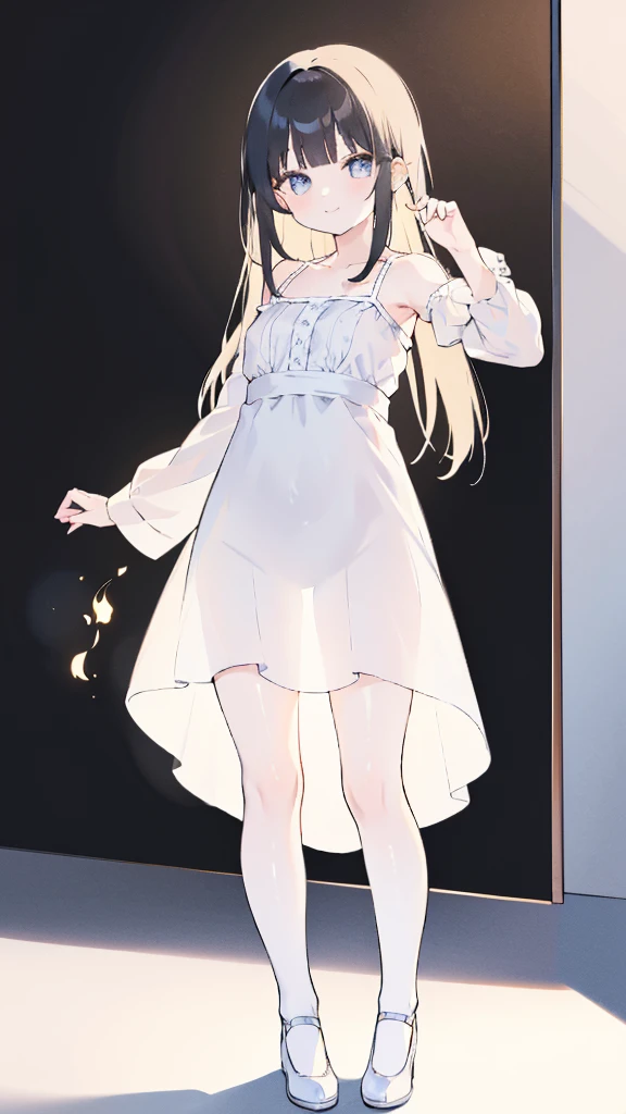 masterpiece, 8K, Detailed face, best quality, Must be created as described,  (1 girl, alone, 20 years old, 158cm), (Black hair, long hair, Straight Hair, Bangs), (innocent, Big blue eyes like diamonds), (fair skin, thin waist, long legs), (Dress simply,Fitted pure white dress, spaghetti straps, Flat style), (The dress is very short, Thin and translucent, Dress has no sleeves, 只有spaghetti straps), (Wearing white socks), (Show your thighs, Show your arms), (The expression looks shy, but with a smile), (light black background, Full body portrait, Stand Up Straight, symmetry)