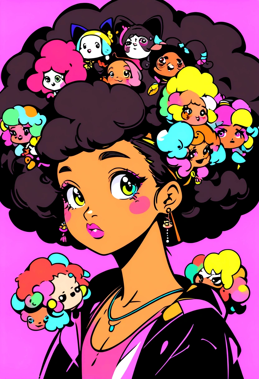 character design image, vector art, of a woman with big afro hair, super cute funky black girl, vector sketch style illustration, adobe illustrator sketch art style, vector sketch art style, in digital illustration style , highly detailed character design, cute detailed digital art, urban girl fanart, portrait character design, beautiful digital illustration, high quality portrait, vector cartoon art, afro, character design portrait, many curious people around, background with people looking, curious people background