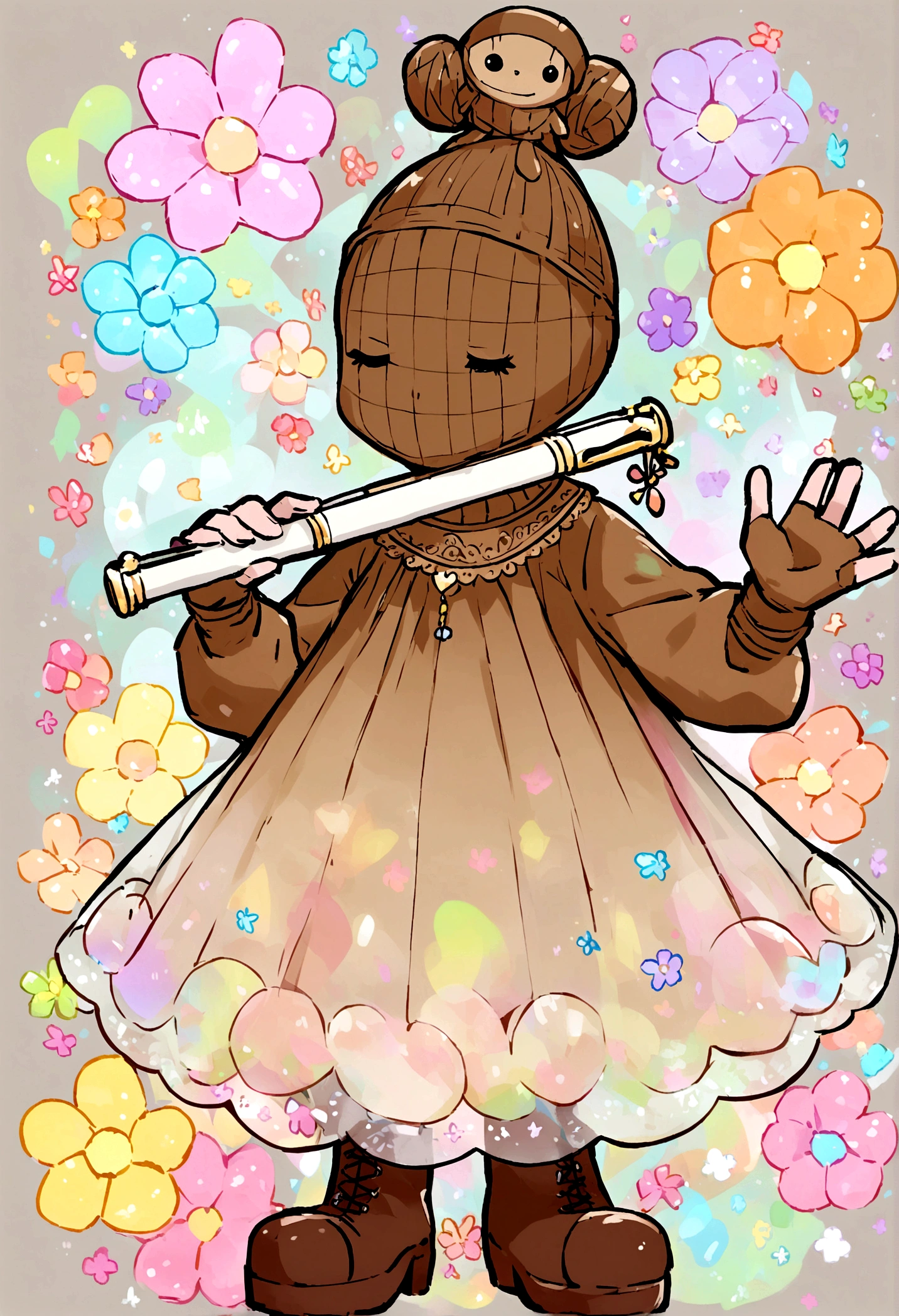 CREATE A DISNEY PIXER STYLE CHARACTER WITH A BROWN DRESS WITH SLEEVES, Brown pants, brown boots, BROWN BALACLAVA AND FLOWERS ON THE HEAD, AND A BUN ON THE HEAD WITH A FLUTE IN HAND