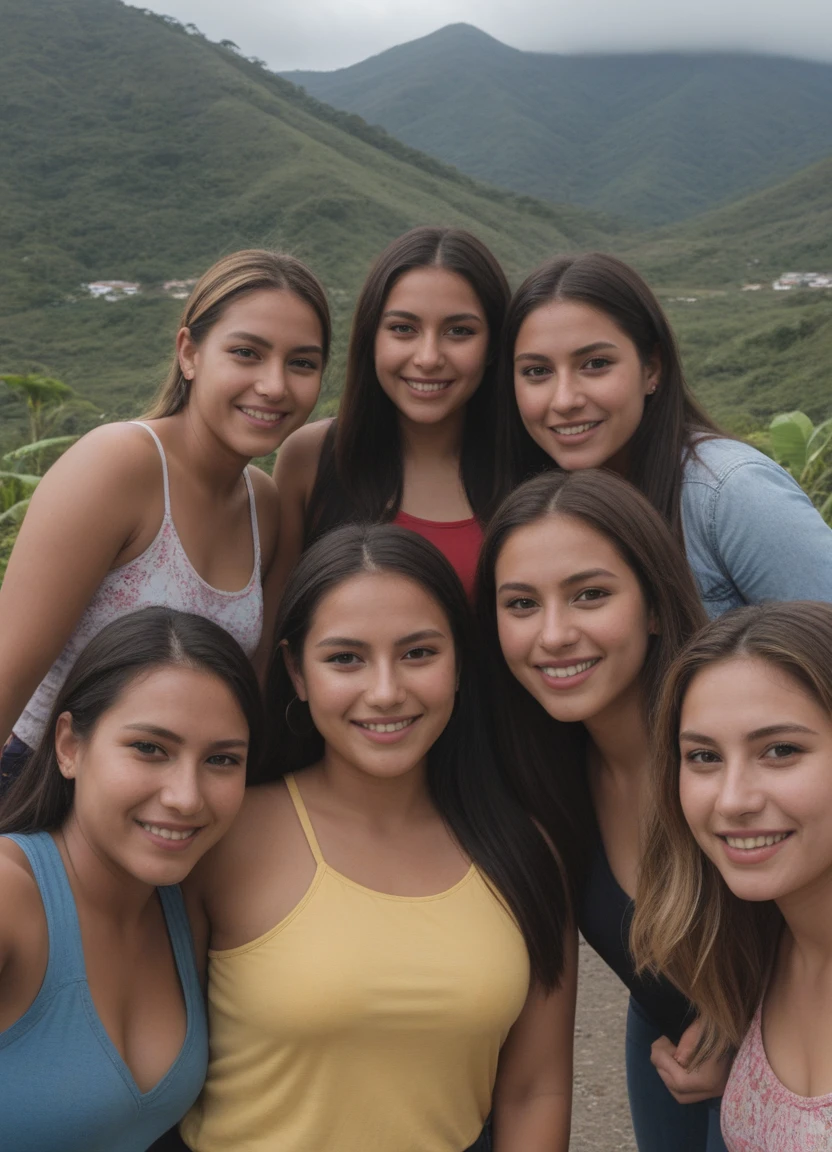 Group of beautiful females from Manabí, Ecuador, happily posing for a selfie.