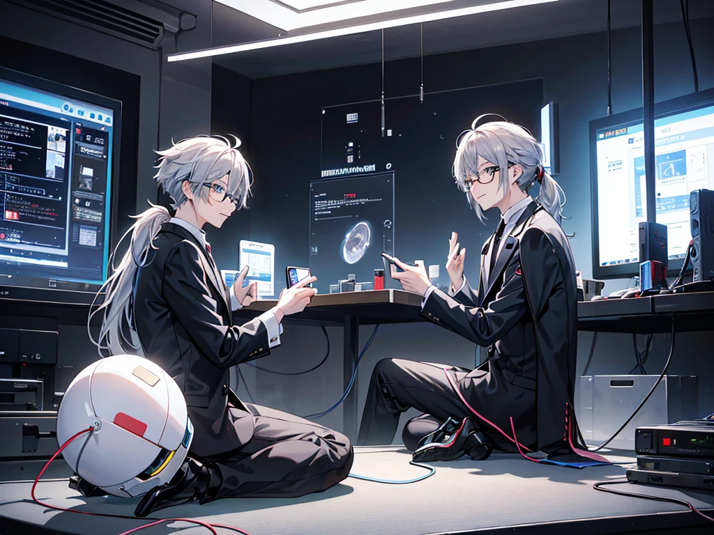 (Mastepiece)(High definition)Japanese male android in his 20s、alone、Gray Hair、ponytail、hat、Tuxedo、tie、Wearing round rimless glasses、Sitting、It is connected to the machine by multiple cables.(charging)、background(A science fiction-like electronic world、A space that feels like the inside of a machine、Virtual space、Near future)