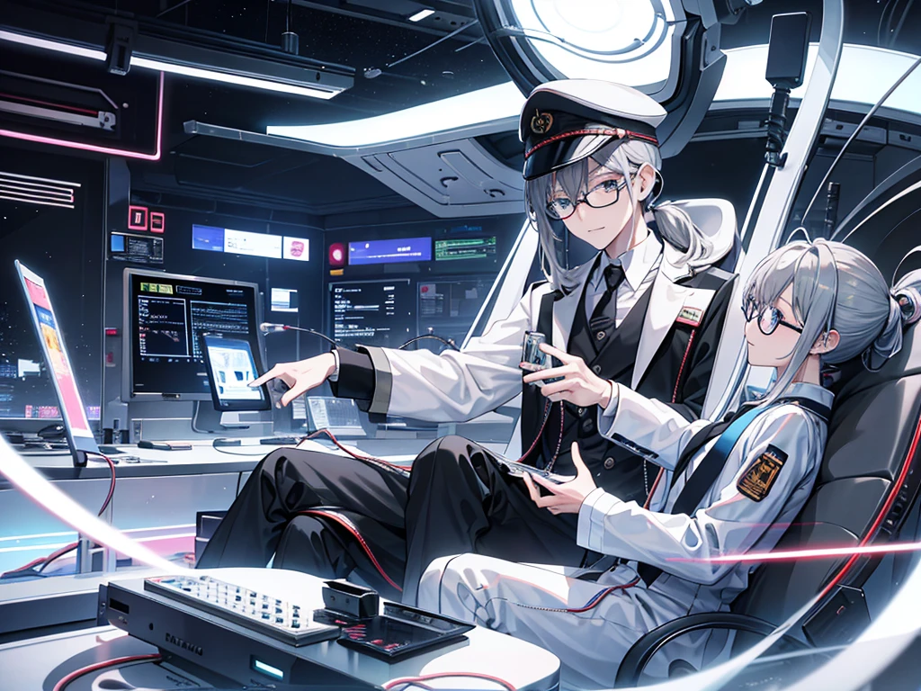 (Mastepiece)(High definition)Japanese male android in his 20s、alone、Gray Hair、ponytail、hat、Tuxedo、tie、Wearing round rimless glasses、Sitting、It is connected to the machine by multiple cables.(charging)、background(A science fiction-like electronic world、A space that feels like the inside of a machine、Virtual space、Near future)