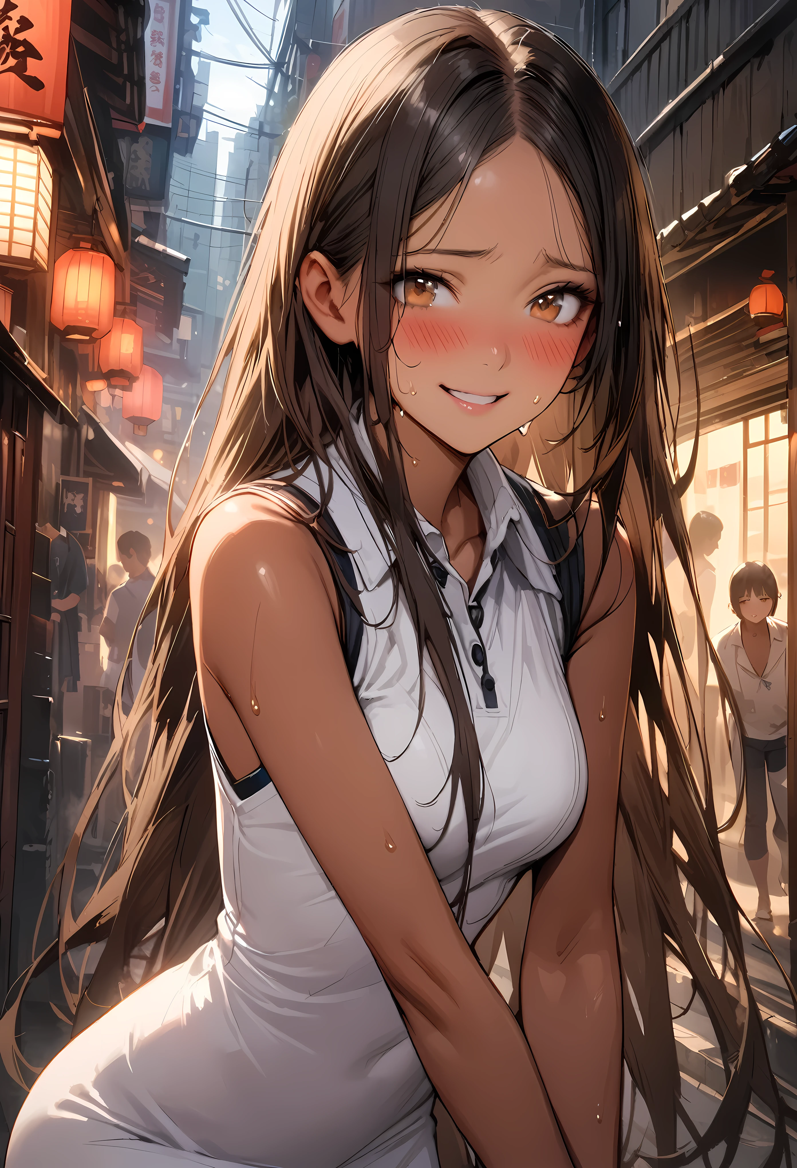 ((masterpiece,Highest quality:1.3,best quality illustration,realistic)),cowboy shot,solo,1woman,(18-year-old、Japanese Beauty)、brown hair,long hair,center parted bangs,brown eyes,gorgeous eyes,((very small head:1.3)),blush,shy,smile,((very long body:1.2,skinny)),medium breasts,(tan skin:1.4), (gleaming skin,toned body,slender body),sweat,(White sleeveless polo dress),walk、Alley、Tokyo、