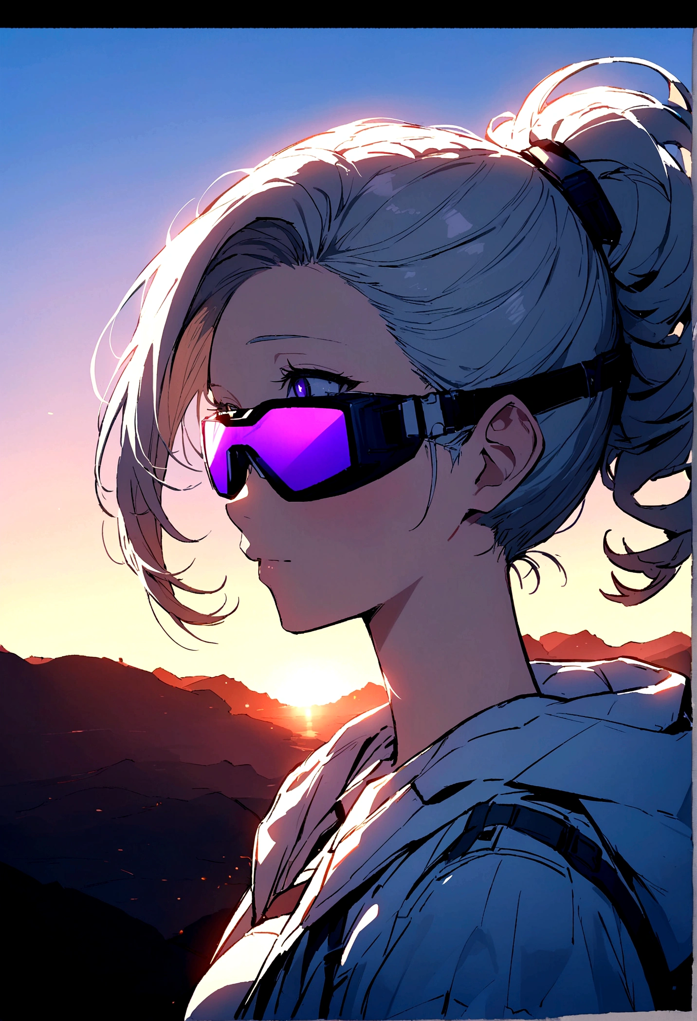 Masterpiece, Best picture quality, extreme brightness, Anime girl with curly ponytail, รูปร่างsmallกระทัดรัด, white work coat, small, Blue-purple gradient ski goggles, cyberpunk, gray hair, Natural casual style, dynamic gesture, Gold Part, Portrait with a wide aperture, Cool tones, Strong visual impact, White Space, Light and shadow contrast, Super texture, sunset afterglow, The picture is extremely clear., Simple visuals