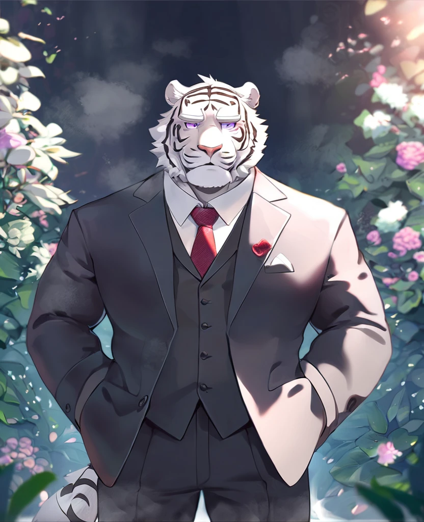 White Tiger,personification,Mature male,Strong Man,White hair,black strips,Cold expression,Purple pupils,White eyebrows,Black suit suit,Red tie,Hands in pockets,The Age of Steam,garden。