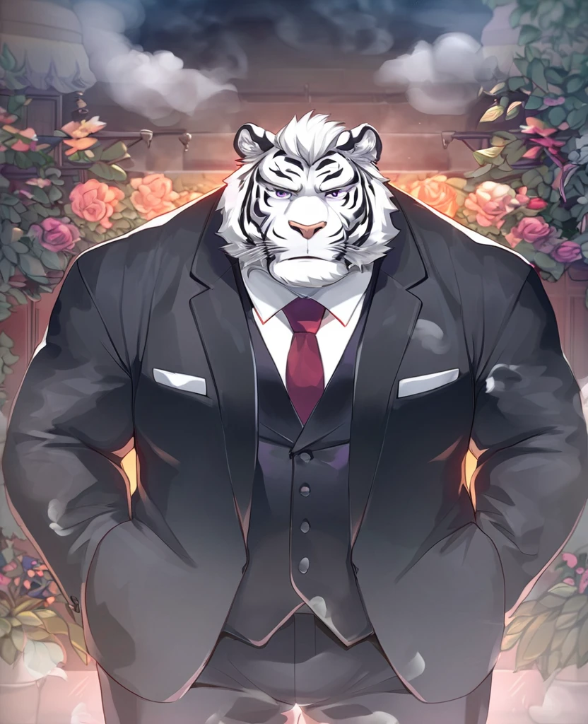 White Tiger,personification,Mature male,Strong Man,White hair,black strips,Cold expression,Purple pupils,White eyebrows,Black suit suit,Red tie,Hands in pockets,The Age of Steam,garden。